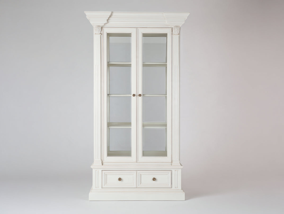 Vitrina de madera 90x40x220 cm blanca estilo clásico con 2 puertas de cristal y 2 cajones