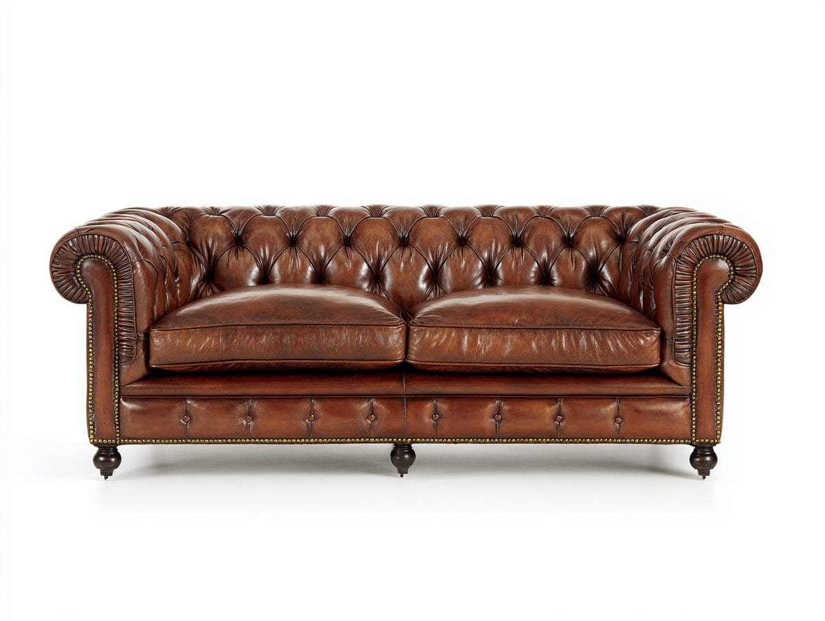 Sofá 2 plazas tapizado efecto cuero 175x92x78 cm - marrón coñac - estilo Chesterfield con capitoné y brazos enrollados