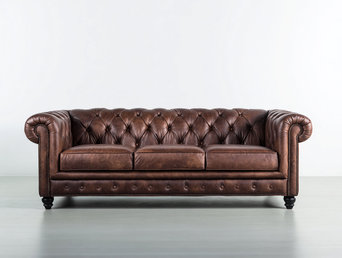 Sofá 3 plazas tapizado 220x92x78 cm - Marrón envejecido - Diseño Chesterfield capitoné con brazos enrollados
