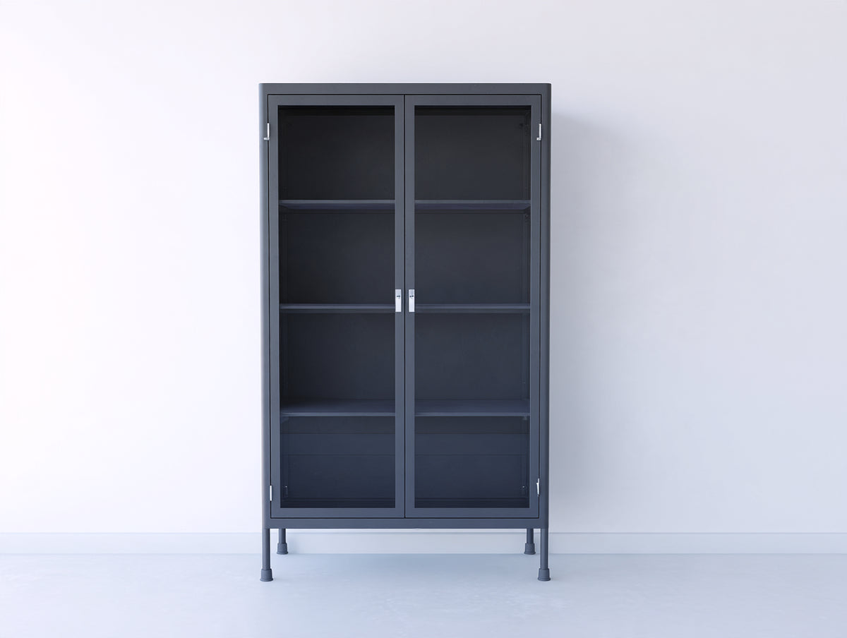 Vitrina de metal con 2 puertas de vidrio 90x40x180 cm - Negro - Diseño moderno con estantes interiores