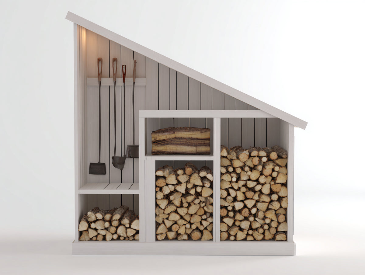 Leñero de exterior de madera 300x70x200 cm - blanco - con techo inclinado y espacio organizado para leña