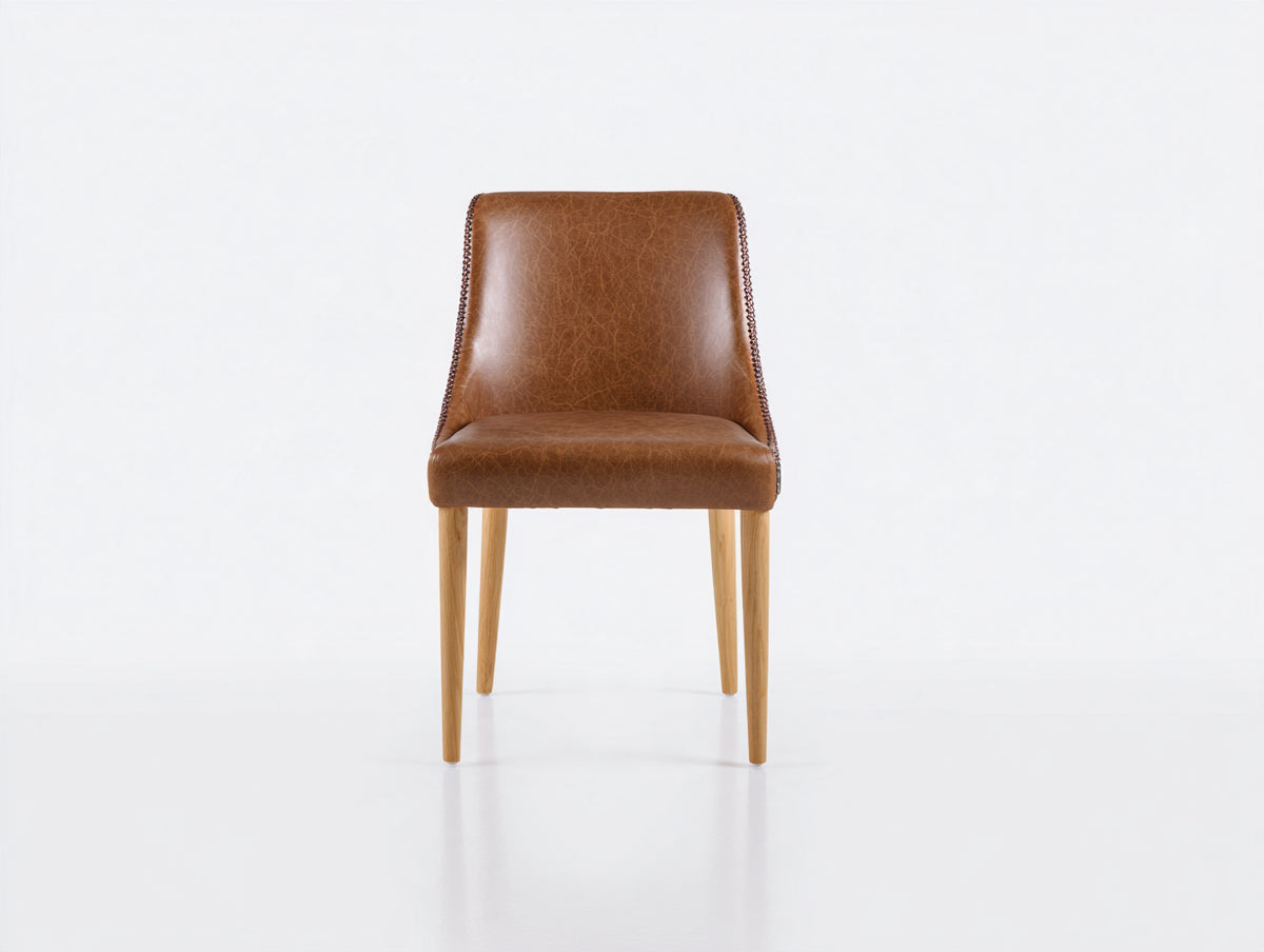 Silla de comedor tapizada 50x58x88 cm - Marrón coñac y madera natural - Diseño moderno con ribete decorativo