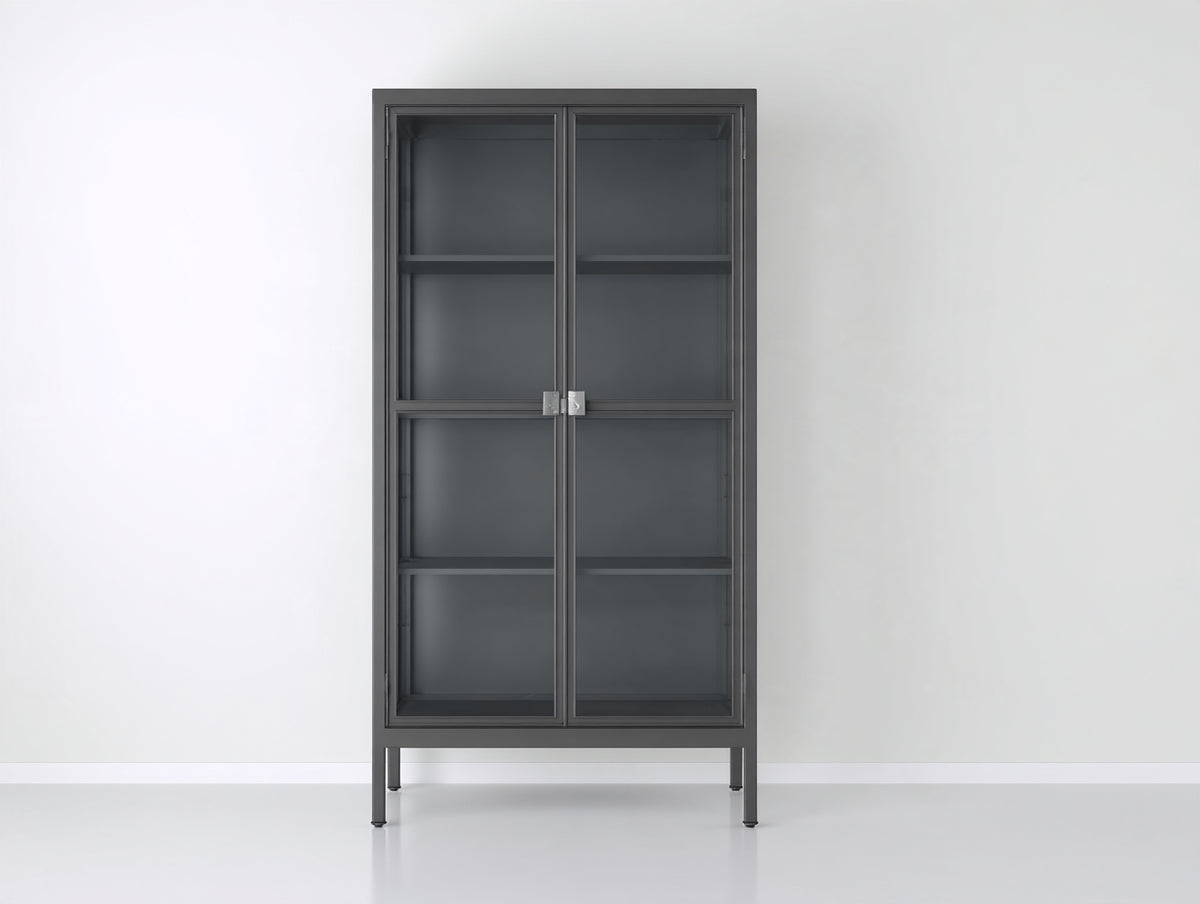 Vitrina de metal 90x40x180 cm gris con 2 puertas de cristal diseño moderno para salón