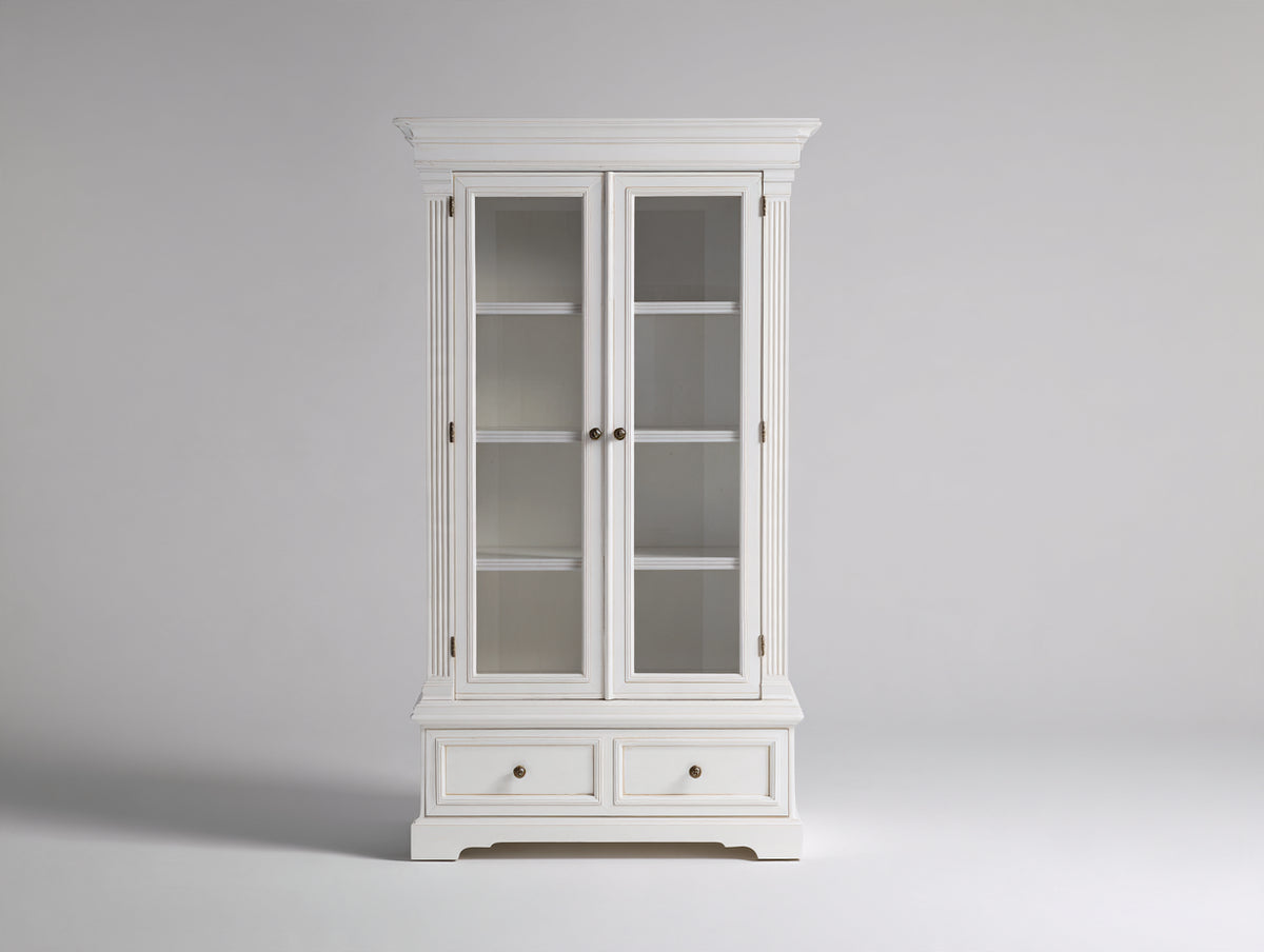Vitrina de madera con 2 puertas de vidrio 110x45x195 cm - Blanco - 2 cajones y diseño clásico