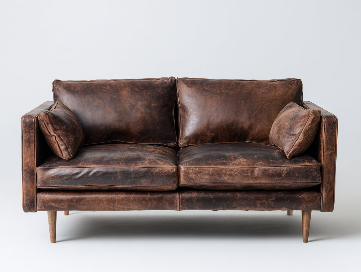 Sofá 2 plazas tapizado efecto cuero 170x88x84 cm - marrón envejecido y natural - diseño moderno con patas de madera