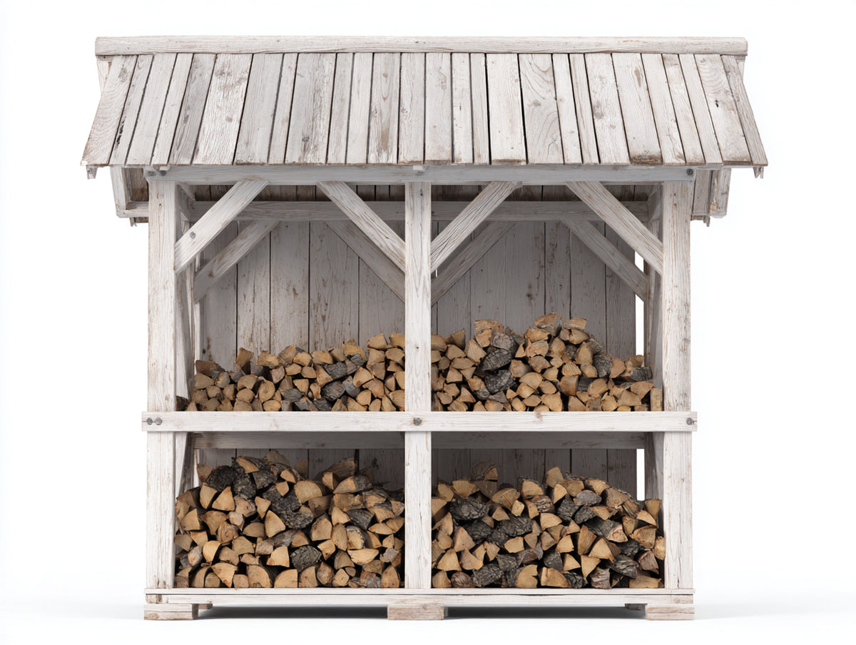 Leñero de exterior de madera 200x75x185 cm - blanco envejecido - diseño cubierto con tejado inclinado