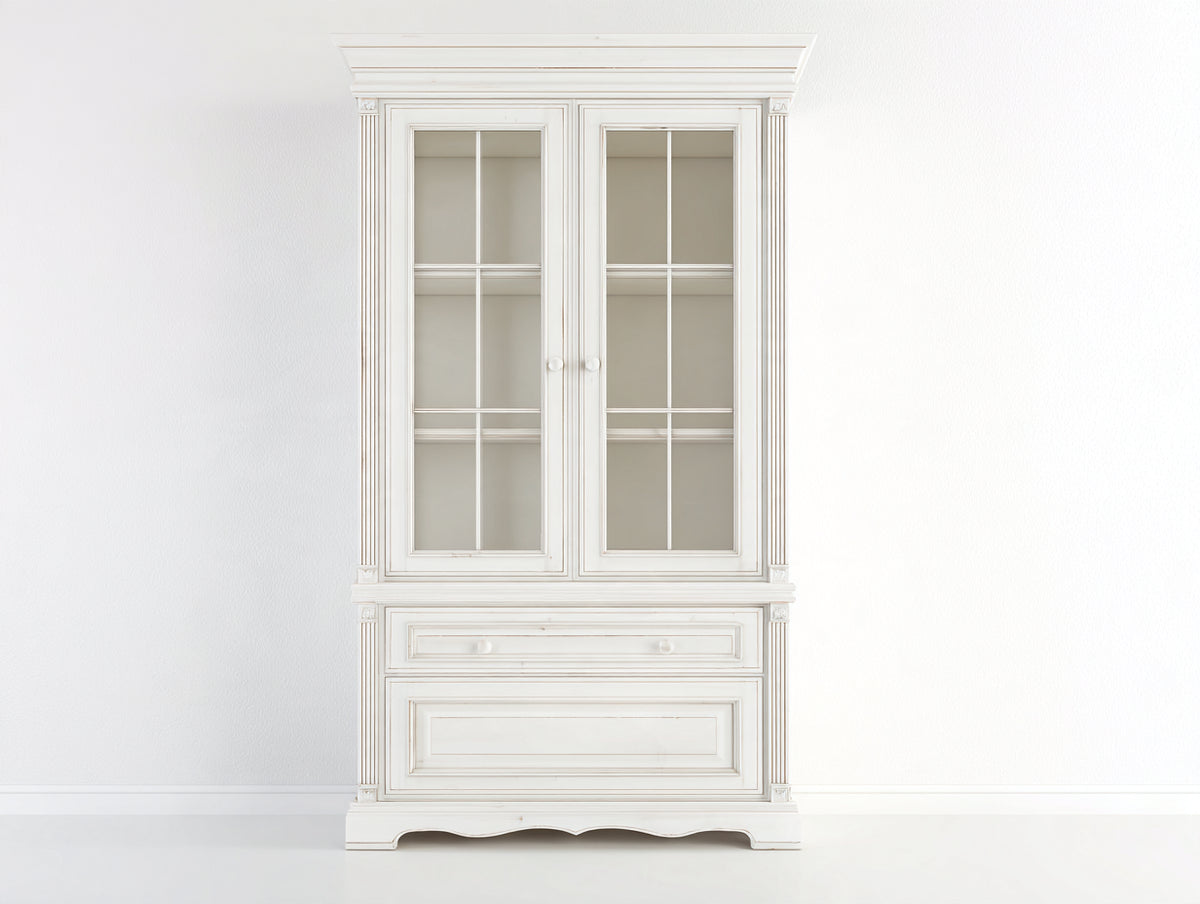 Vitrina de madera 105x45x200 cm - blanco roto - diseño clásico con 2 puertas de cristal y 2 cajones