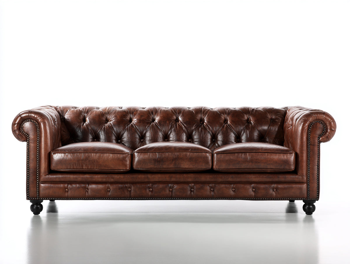 Sofá 3 plazas tapizado efecto cuero 220x92x78 cm - marrón coñac - estilo Chesterfield con capitoné y brazos enrollados