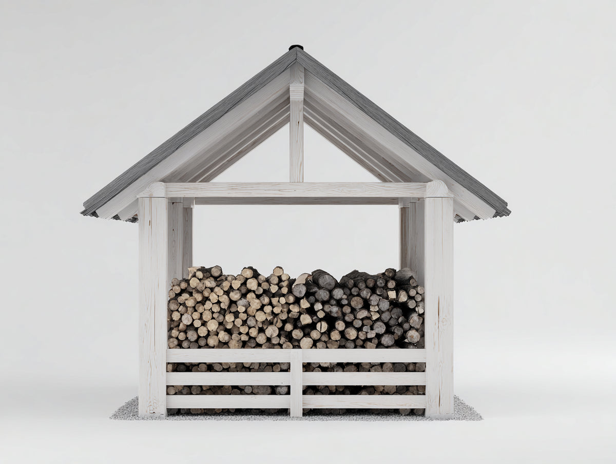 Leñero de exterior de madera 180x80x190 cm - blanco y gris - diseño cubierto con tejado a dos aguas
